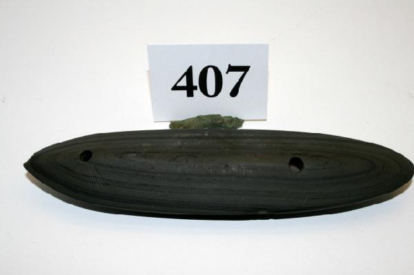 Glacial Kame Ridged Gorget: 6 3/16" Banded Slate Glacial Kame Ridged Gorget – some engraving – Madison Co. Ohio