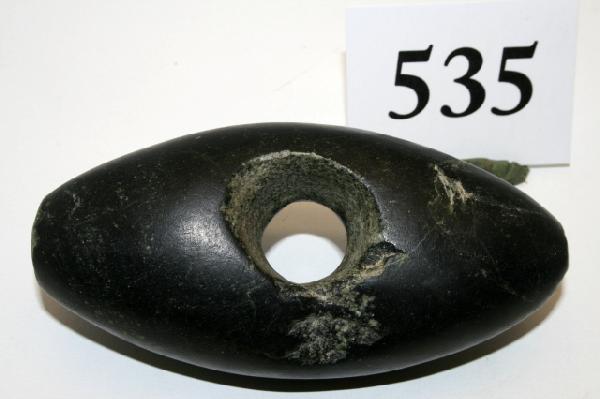 Serpentine Bi-Pointed Mace Head: 4 1/8" Rare Serpentine Bi-Pointed Mace Head collected by C.L. Hudson over 40 year period ending in the 1950's in the lower San Joaquiw Valley Cal. they were made and used by the ancient yokut indians 