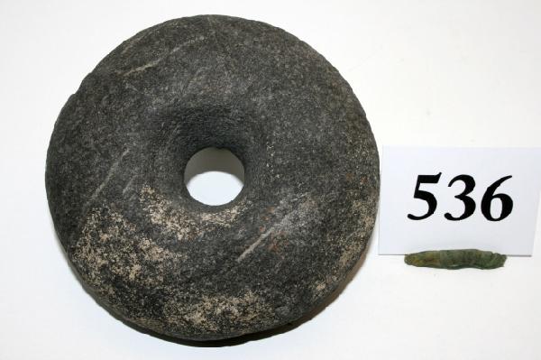 Stone Mace Head: 4" Perforated Stone Mace Head – Rare collected by C.L. Hudson over 40 year period ending in the 1950's in the lower San Joaquiw Valley Cal. they were made and used by the ancient yokut indians in th