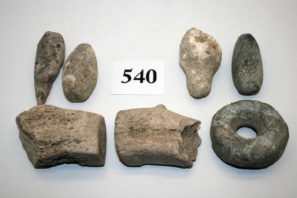 Lot of 7 Bone and Stone Artifacts: Lot of 7 Bone and Stone Artifacts – largest 3 3/8" collected by C.L. Hudson over 40 year period ending in the 1950's in the lower San Joaquiw Valley Cal. they were made and used by the ancient yokut