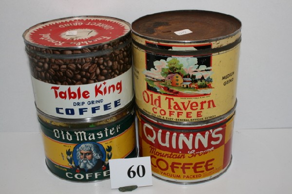 (4) Coffee Tins – Red & Yellow Quinns: (4) Tins – Red & Yellow Quinns – Yellow Old Tavern – Green & Yellow Old Master – White Table King - 1 pound Key Wind Coffee Tins