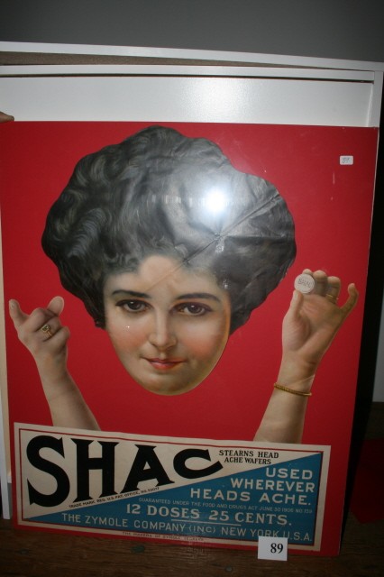 Paper Advertisement of Shac Head Ache Wafers: Paper Advertisement of Shac Head Ache Wafers – 3 pieces mounted on red background & shrink wrapped (window display item)