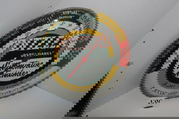 12 1/4" Round Ditzler Automotive Finishes Thermome: 12 1/4" Round Ditzler Automotive Finishes Thermometer – White & Blue Background, Blue letters