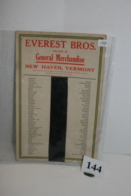 7" x 11" Everest Bros. General Merchandise New Hav: 7" x 11" Everest Bros. General Merchandise New Haven, Vermont – List of Food Products Paper ad in Plastic Sleeve