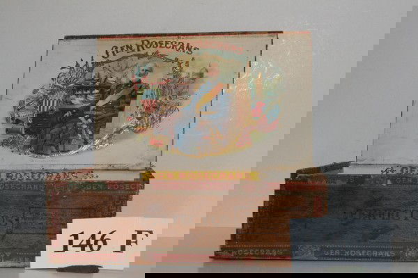 5 1/2" x 8 3/4" Gen. Rosencrans Wooden Cigar Box: 5 1/2" x 8 3/4" Gen. Rosencrans Wooden Cigar Box – original paper label with scene of the General