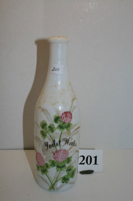Milk Glass Hand Blown Barber Bottle: Milk Glass Hand Blown Barber Bottle with clover design enameling – lettered "Toilet Water" – no stopper