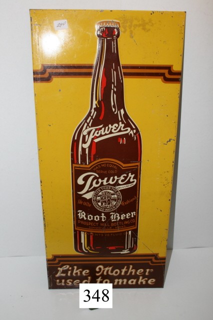 8 5/8" x 19 3/8" Tin Advertising Sign: 8 5/8" x 19 3/8" Tin Tower Root Beer – Prospect Hill Bottling Co. Somerville, Mass. – Tin Advertising Sign – picture of bottle