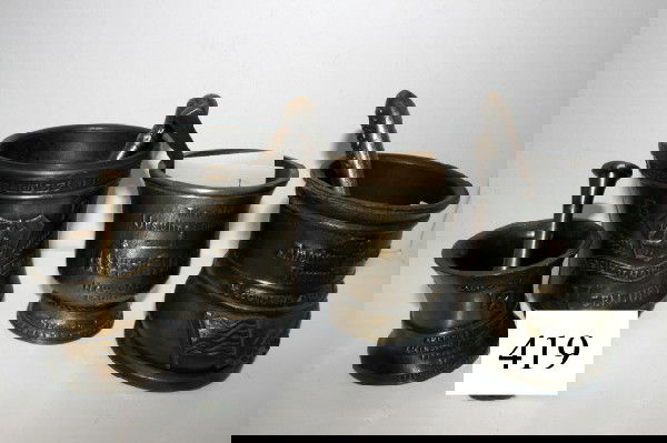 (4) Mortar & Pestles: (4) Mortar & Pestles – Pot Metal with brass Wash 4 1/4" marked Shering Corp 1985, 3 3/4" marked Schering Corp 1985, 4 1/4" marked Society of Apothecaries, 2 3/8