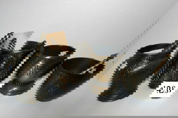 Four Mortar & Pestles: Four Mortar & Pestles – pot metal with brass wash 5" Schering Corp 1989 75th Anniversary Lamba Kappa Sigma, 4 1/2" 1987 Schering Corp Andrew Carnegie, 4 1/4" 1980 Pharmacy Class