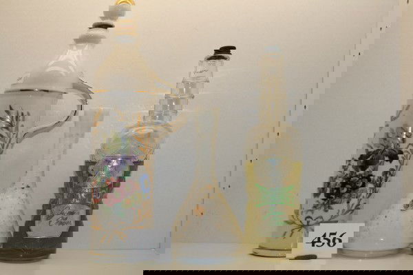 Contemporary Handled China Bottle: Contemporary Handled China Bottle with flowers – milk glass (no stopper) & Canadian Booster