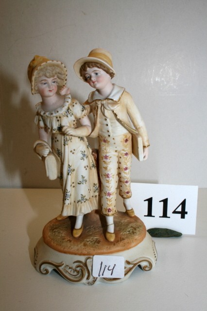 Figurine of Victorian Couple: 5 1/4" Royal Rudolstat (Germany) Figurine of Victorian Couple – Blue RW Mark
