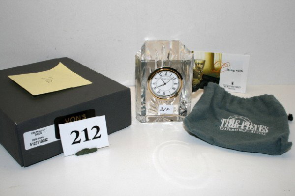 Waterford Crystal Clock: 4" Waterford Crystal Clock in felt bag & original box – Seiko Analogue – works