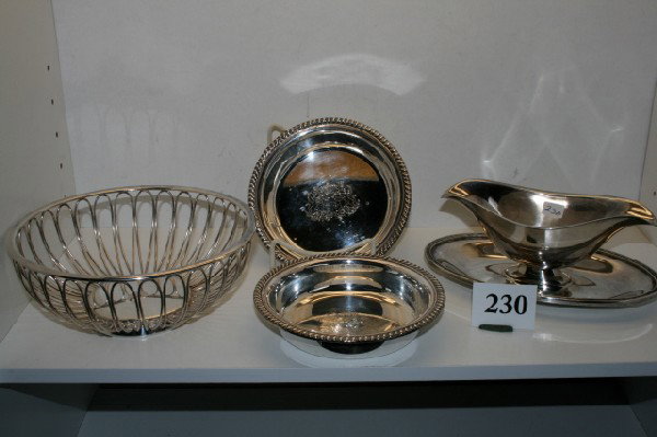 3 pcs. of Silver Plate: 3 pcs. of Silver Plate: 7 3/4" E.L. Germany Wire Basket, 8 1/4" Guilford Gravy Boat with attached underplate, 6" Webster Wilcox Bowl