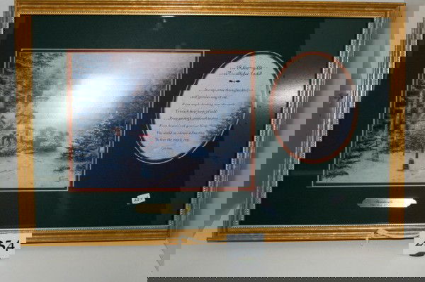 Framed Print by Thomas Kinkade "S: 13 1/4" x 21 1/4" Framed Print by Thomas Kinkade "Stone Hearth Hutch" (gold frame) green matting & certificate of authenticity 1999