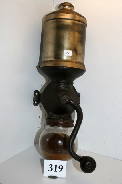 Coffee Grinder: 17" cast Iron Coffee Grinder with tin humidor & glass bottom receptacle – dated 1891