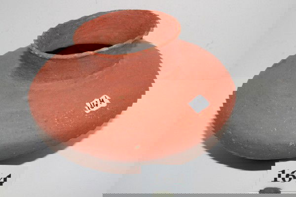 Quapaw Redware Pottery Jar: 9" x 5 1/2" Quapaw Redware Pottery Thin Walled Jar, McKlusky Site, Phillips County, Ark. – cracked and glued