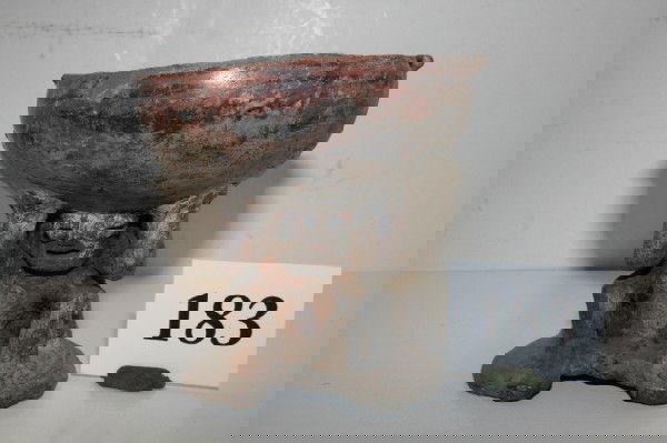 Pedestal Pottery Bowl: 4 1/4" x 4" Pedestal Pottery Bowl, Solid, Pedestal formed with man holding up bowl, Colima, Peruvian, Nice, Rare Form