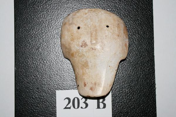 Shell Face Mask: 3 5/8"x 4 5/8" Shell Face Mask – 3 drilled holes, 2 for eyes and 1 suspension, carved nose – Hamilton Co. Ohio from Turpin Site – Rare – Nice!