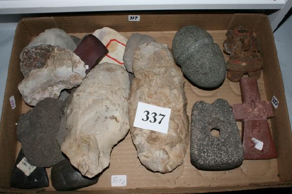 Lot of 22 Stone Assorted Artifacts: Lot of 22 Stone Assorted Artifacts Sic: Flint Tools, Stone Celts, Pre Columbian Club Head, Pottery Head, Stone weight, catlinite hatchet shaped pipe - largest 8 1/2