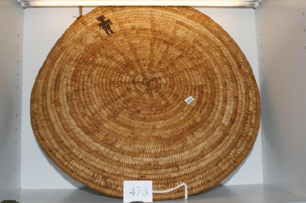 Man in the Maze Basket Tray: 20 1/4" Dia. Papago Man in the Maze Basket Tray, one end of handle at top loose