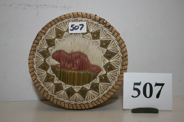 Circular Lidded Box: 4 1/4" x 2 1/2" Polychrome Quilled Circular Lidded Box with beaver