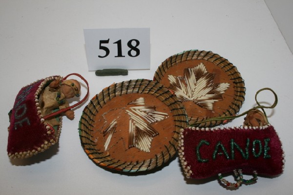 2 Beaded Canoe Whimseys: 2 Beaded Canoe Whimseys, 3" signed Quebec and Canoe, and 2 circular birch bark quilled pads
