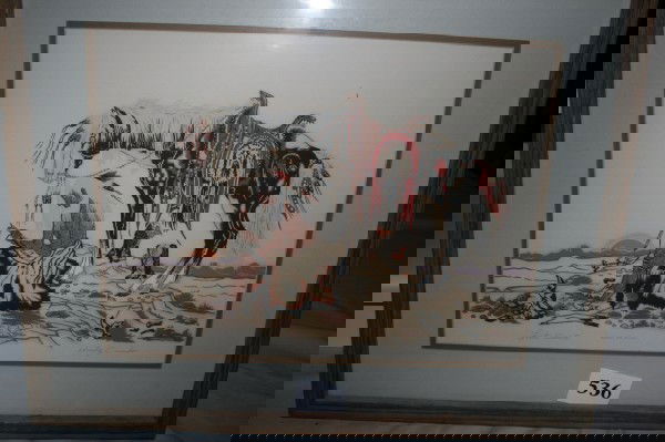 Silk Screen Painting: 18" x 23" Framed Silk Screen Painting by Woody Crumbo "Last Sunset" signed by Artist