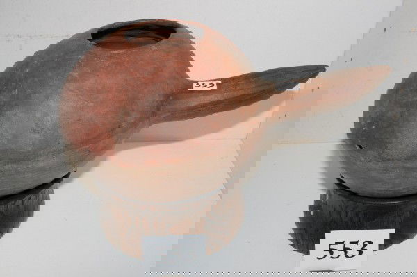 Redware Water Bottle: 11" x 5 1/2" Gourd Effigy Redware Water Bottle, Peru, small probe hole on side, minor cracks