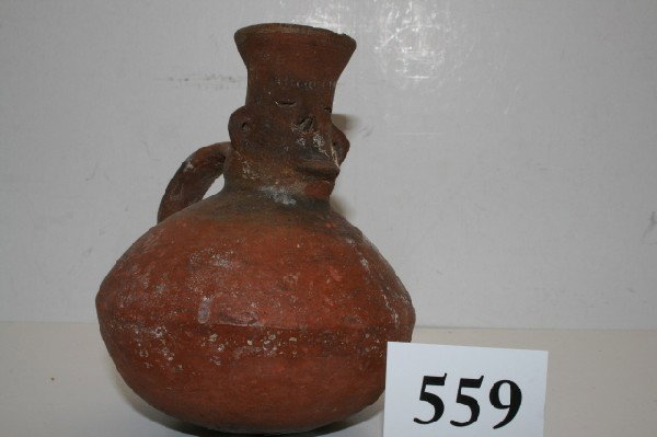 Human Water Bottle: 5" x 5 3/4" Redware Chimu Human Water Bottle, some surface flaking