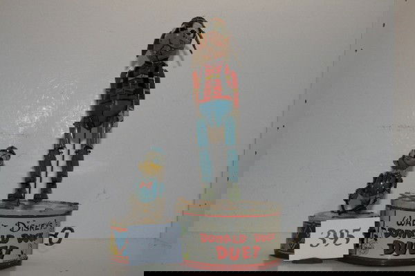 Donald Duck Duet: Marx Walt Disney Donald Duck Duet – oxidation on large drum, Goofy has replaced ears, toy works, figures & small drum are ex. - 11