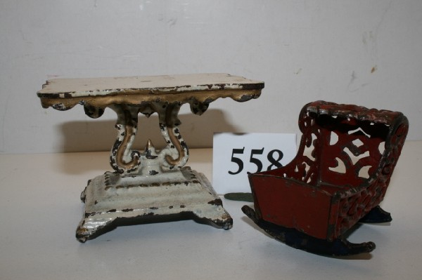 Stevens Doll House Furniture: Stevens Doll House Furniture C. I. Cradle & Occasional Table – 2 pcs, vg