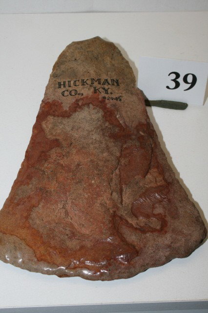 Flared Bit Spade: 7 7/8" Flared Bit Spade of Colorful Tan, Red and Orange Flint – Hickman Co. Ky. – Ex. Ben Thompson Coll. – Davis Grade 9 C.O.A.