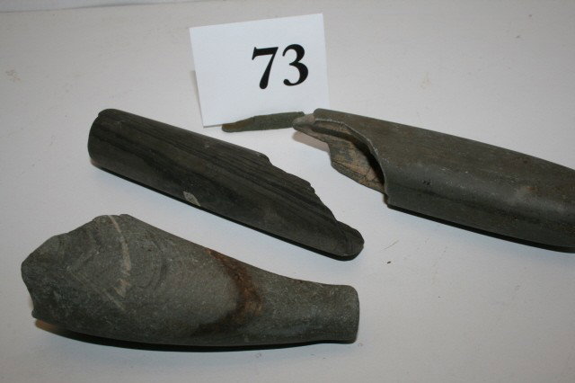 Three Broken Bannerstones: Three Broken Bannerstones – one Knobbed Lunate and Two Tube Banners – largest 4 1/4"