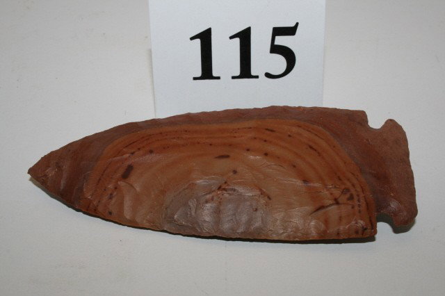 Knight Island Point: 4 1/16" Knight Island Point of Red and Tan Striped Buffalo River Chert – Hardin Co. Tenn. – Ex. John Parker Collection – Davis Grade 10+ C.O.A.