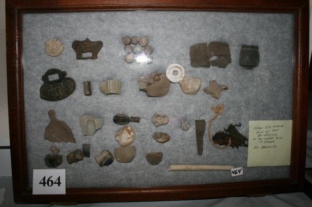 38 Artifacts: 12" x 18" Wood Display Frame containing 38 Artifacts found at the village site at Fort Qulatenon, on the Wabash River in Indiana, Nice assortment of Minnie balls, buckles, pottery fragments, tin and c