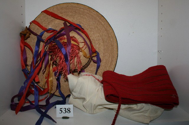 3 pc. Man's Outfit: 3 pc. Man's Outfit – Indian from Southern Most Province of Mexico, Descendents of the Maya Indians, items collected by Chicago Field Museum 1910, embroidered shirt, straw hat, 63" x 7" Woven Sash, n