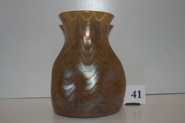Loetz Phanomen Genre Vase: 7 1/4" Loetz Phanomen Genre 6893 Vase – circa 1899 Amber with iridescent ribbon overlay
