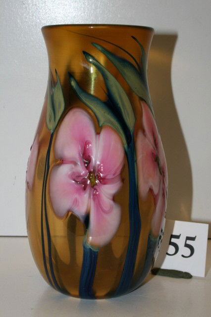 Amber Vase: 7" Charles Lotton Amber Vase with Multi Flora Style Décor in Pink – signed & dated 1980