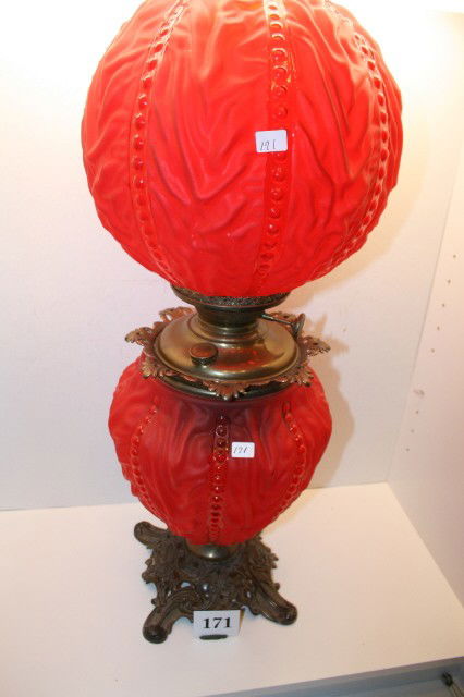 Gone with the Wind Lamp: Pittsburg Lamp Co. Red Satin 25" Gone with the Wind Lamp Bead & Drape Pattern – shade has approx. 1/2 of fitter rim missing – Success Burner