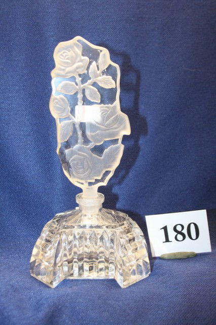Perfume Bottle: 7 1/2" Czech Pressed Glass Perfume Bottle with intaglio Cut Stopper – signed - chipped