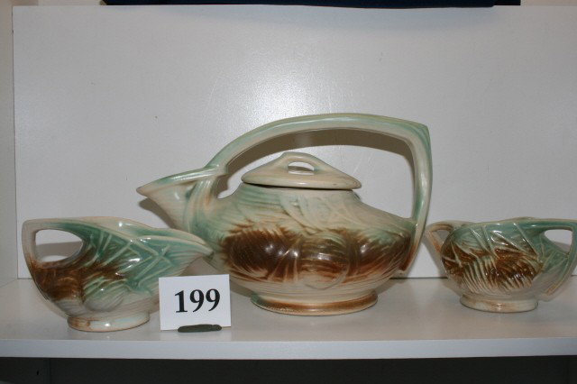 McCoy 3 Pc. Tea Set: McCoy 3 Pc. Tea Set – Creamer, Open Sugar, Lidded Teapot – Pine Cone Pattern – minor hairline in lid & chip on spout of teapot