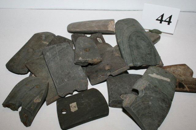 16 Broken Pendants and Gorgets: 16 Broken Pendants and Gorgets of Banded Slate – N. Ohio – largest 3 3/4"
