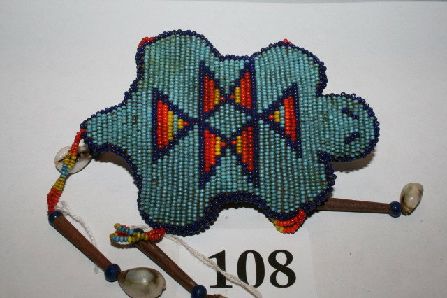 Cheyenne Turtle Fetish: 4 3/4" Beaded Both Sides Cheyenne Turtle Fetish with abalone Shell Drops (nice)