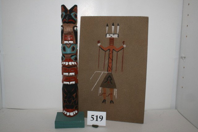 Wood Totem andSand Painting: Box Lot: 2 Items, 12 1/2" Wood Totem and a 8 x 12 Sand Painting