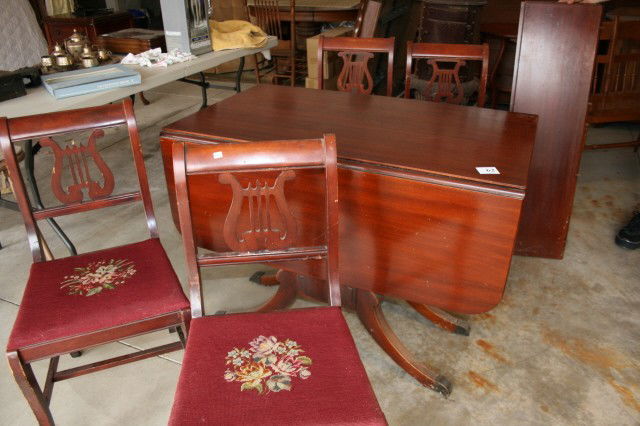 Drop Leaf Table & 4 Chairs WILL NOT SHIP: Duncan Phyfe Drop Leaf Table & 4 Chairs with 3 leaves – finish is worn (will not ship)