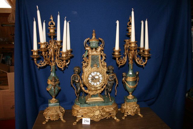 3 Piece German Mantel Set WILL NOT SHIP: Exceptional 3 Piece German Mantel Set – Franz Hermle Clock & Pair of Girandoles with figurines – brass with marble – clock 25" tall – Girandoles 27 1/2" tall (Will not ship)