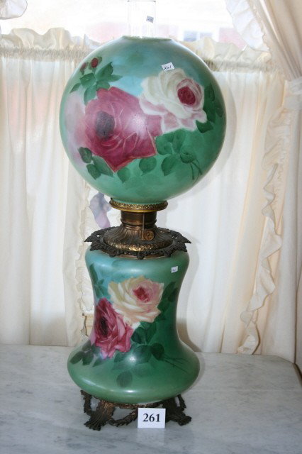 Gone With The Wind Lamp: 29" Tall Gone With The Wind Lamp – iron base with gold gilt, original painted shade & base