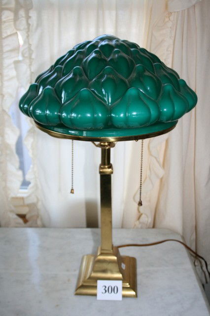 Brass Table Lamp: 20" Brass Table Lamp with green cased Artichoke 10" Puffy Shade