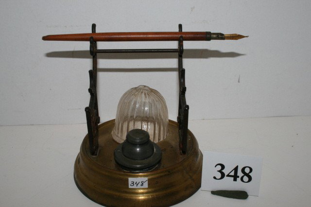 5" Brass Inkwell: 5" Brass Inkwell with Glass Dome & Marble Inside – pewter inkwell & Eagle Pencil Co. Pen with Faber # 4 Gold Point