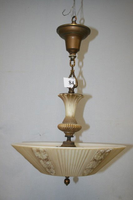Ceiling Fixture: 50's Style Brass Ceiling Fixture with Decorated Milk Glass Dome and Decorated Grapes Pattern 23" Tall x 16" Dia.